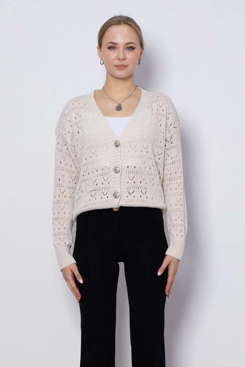 Ajurlu 4 düğmeli hırka-4088 Taş
