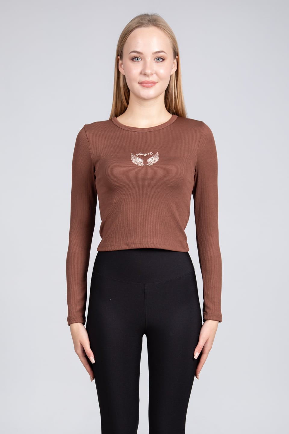 Angel nakışlı body-DVN0475 Kahve