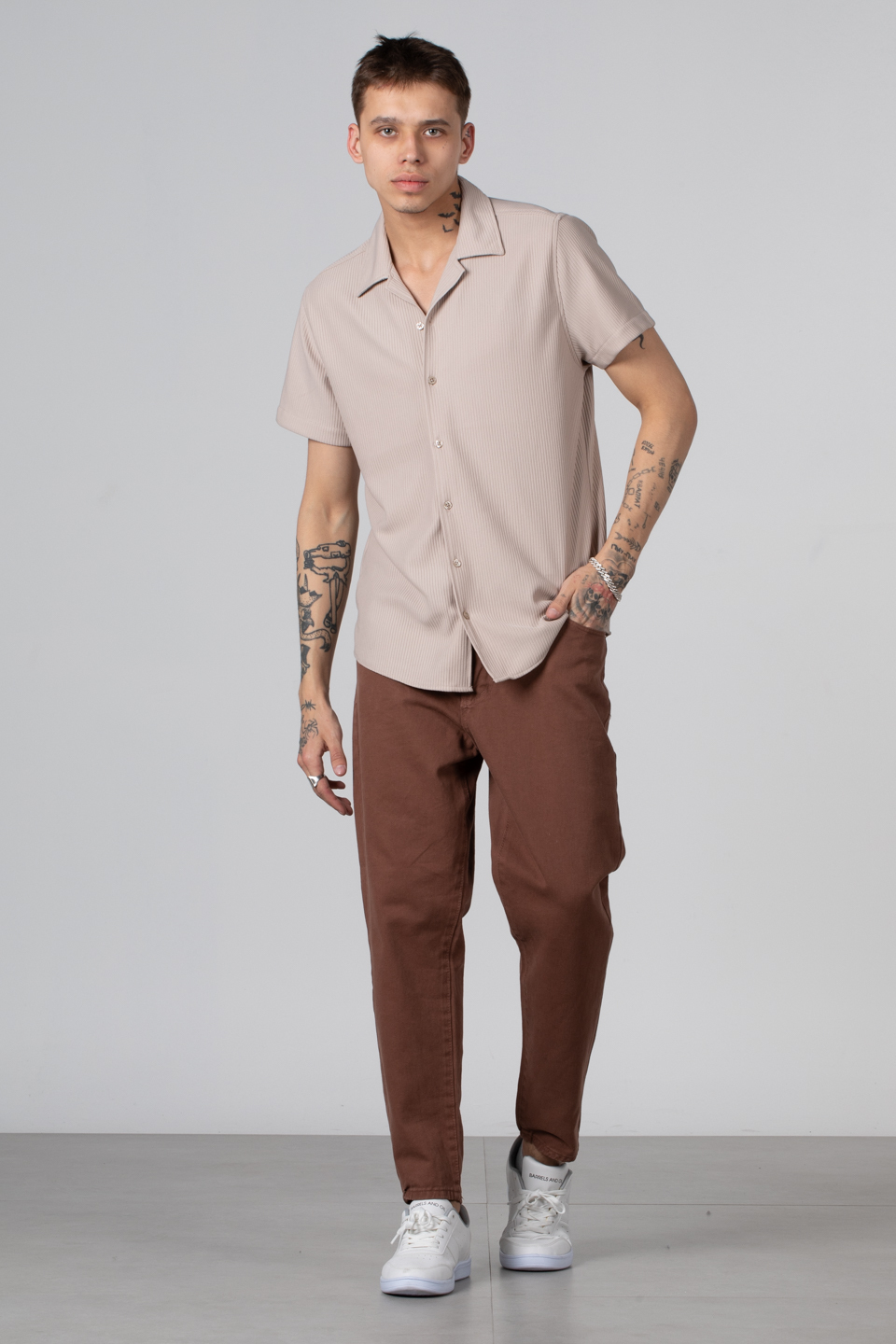 Apaş yaka ottoman gömlek-12-7094 Taş