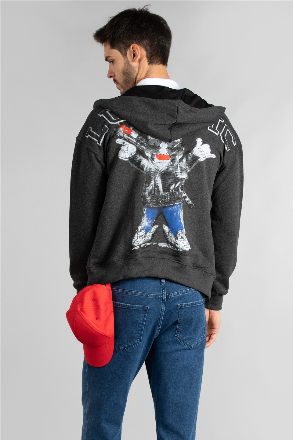 Arka karakter baskılı fermuarlı sweatshirt-7006 Füme