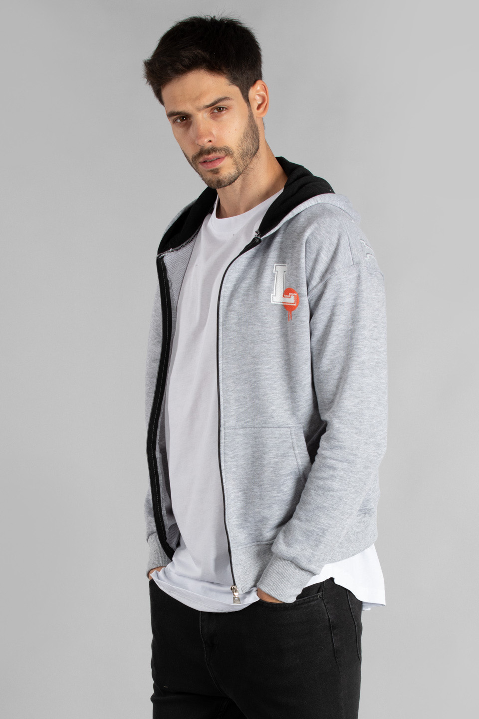 Arka karakter baskılı fermuarlı sweatshirt-7006 Gri Melanj