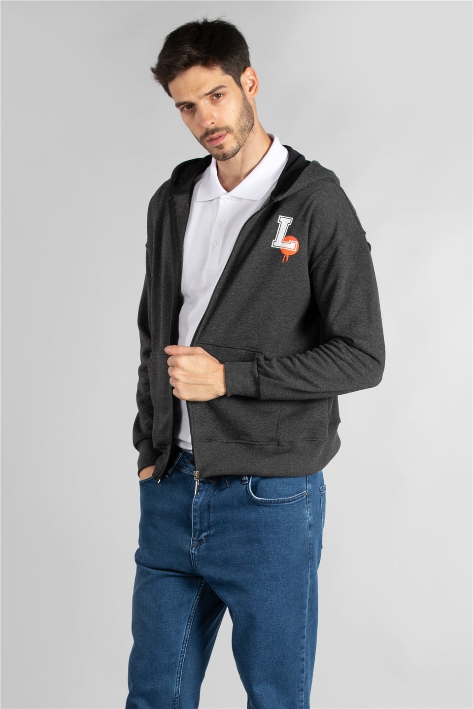 Arka karakter baskılı fermuarlı sweatshirt-7006 Füme