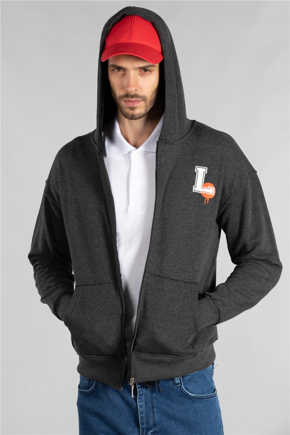 Arka karakter baskılı fermuarlı sweatshirt-7006 Füme