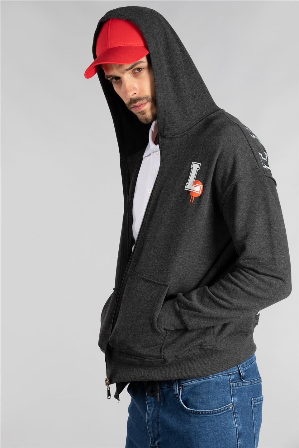 Arka karakter baskılı fermuarlı sweatshirt-7006 Füme