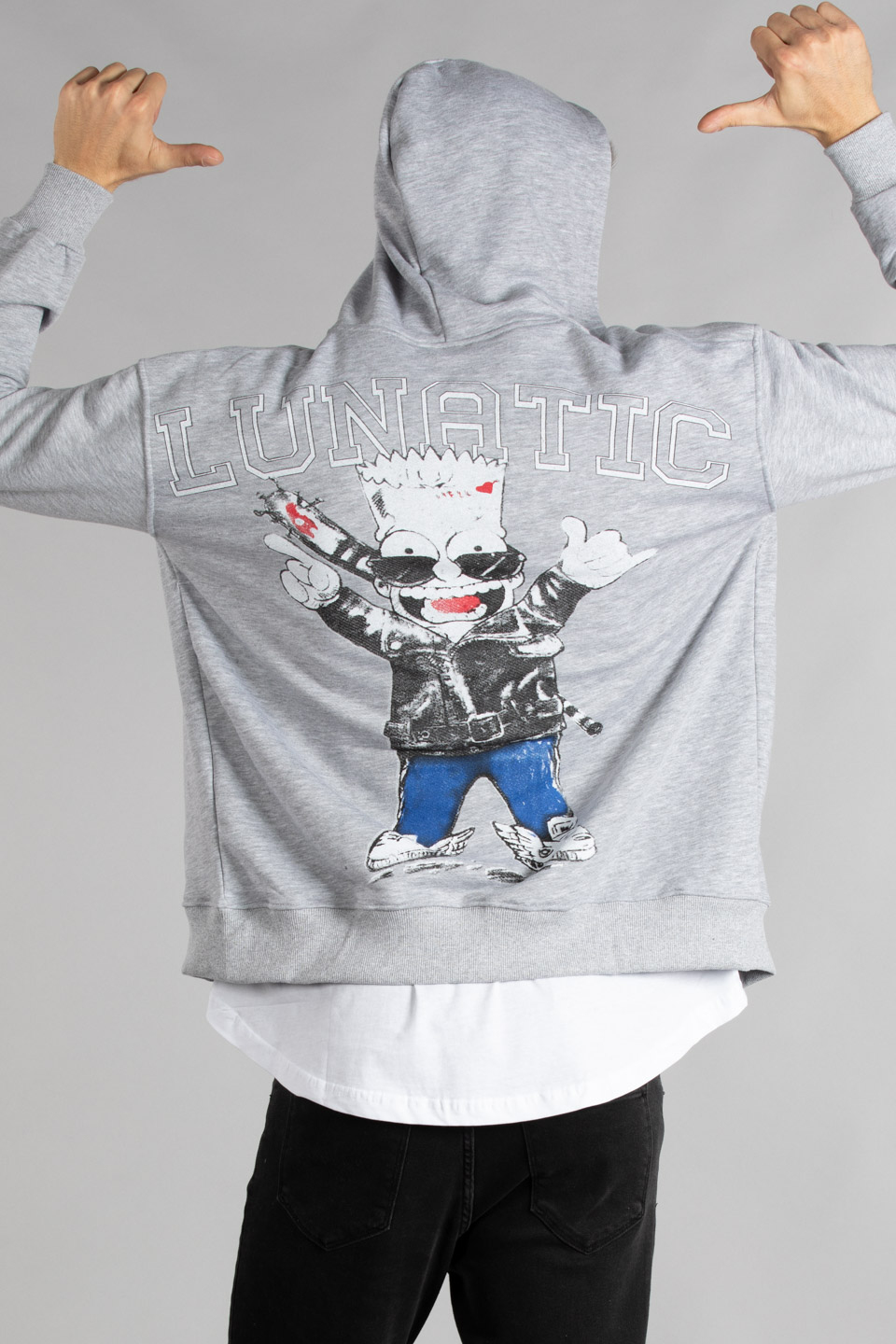 Arka karakter baskılı fermuarlı sweatshirt-7006 Gri Melanj