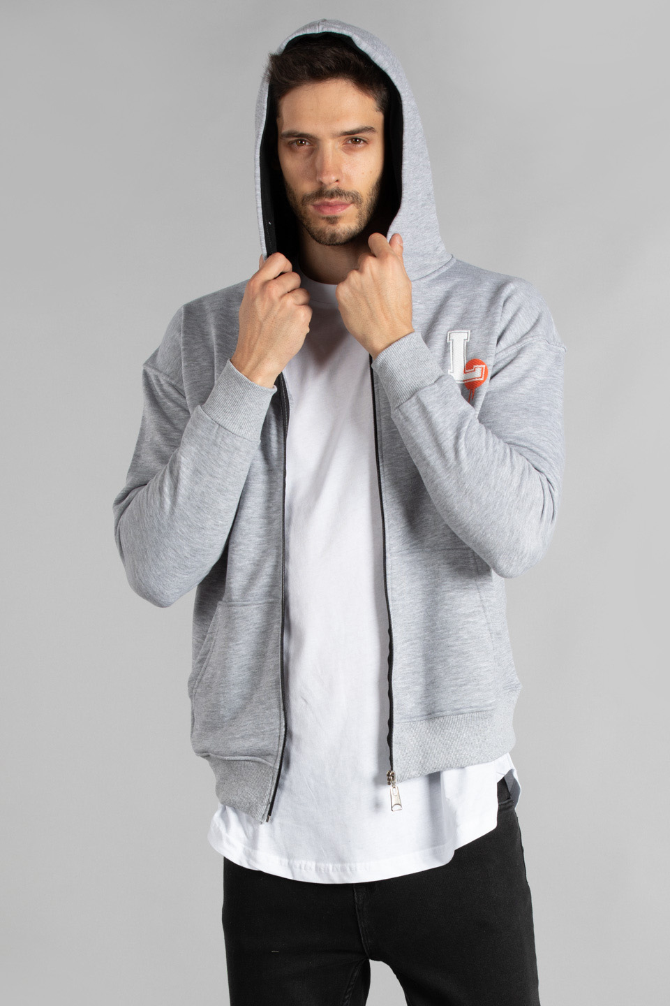 Arka karakter baskılı fermuarlı sweatshirt-7006 Gri Melanj