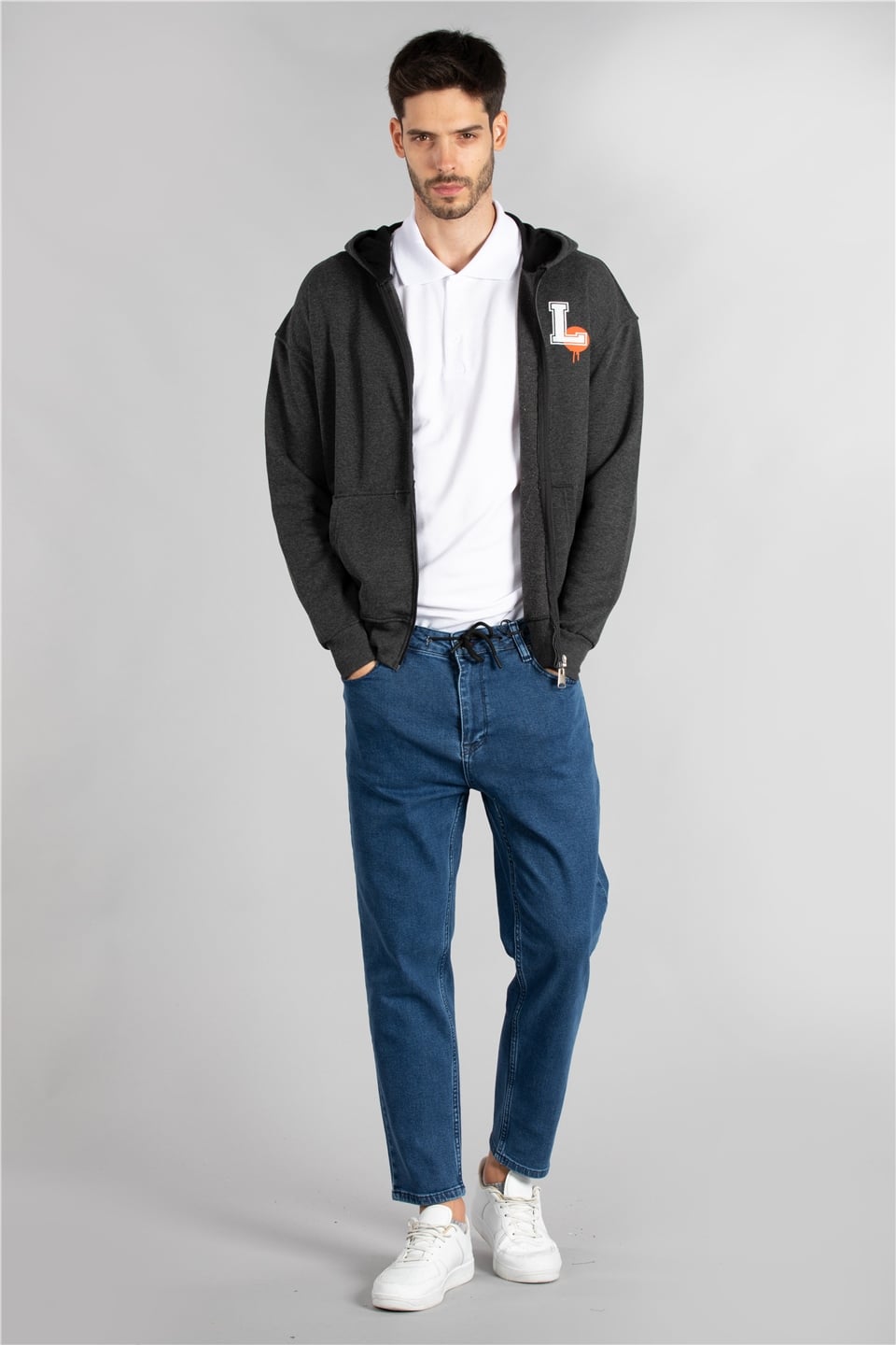 Arka karakter baskılı fermuarlı sweatshirt-7006 Füme