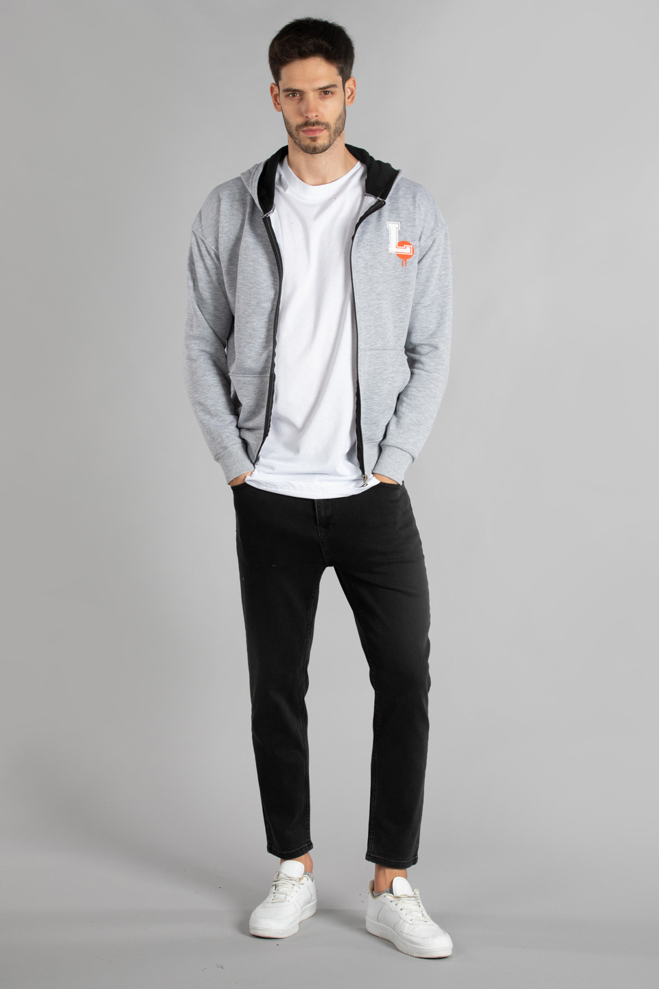 Arka karakter baskılı fermuarlı sweatshirt-7006 Gri Melanj