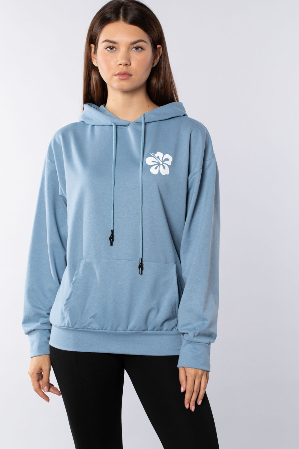 Arkası önü baskılı kapüşonlu sweatshırt-5160 B.Mavi
