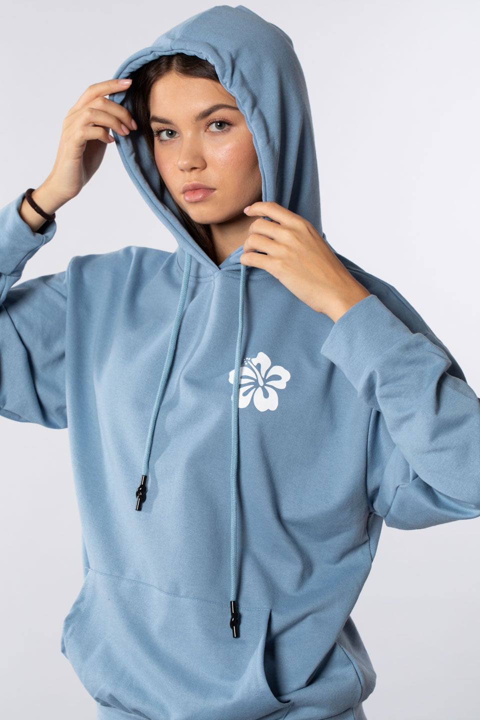 Arkası önü baskılı kapüşonlu sweatshırt-5160 B.Mavi