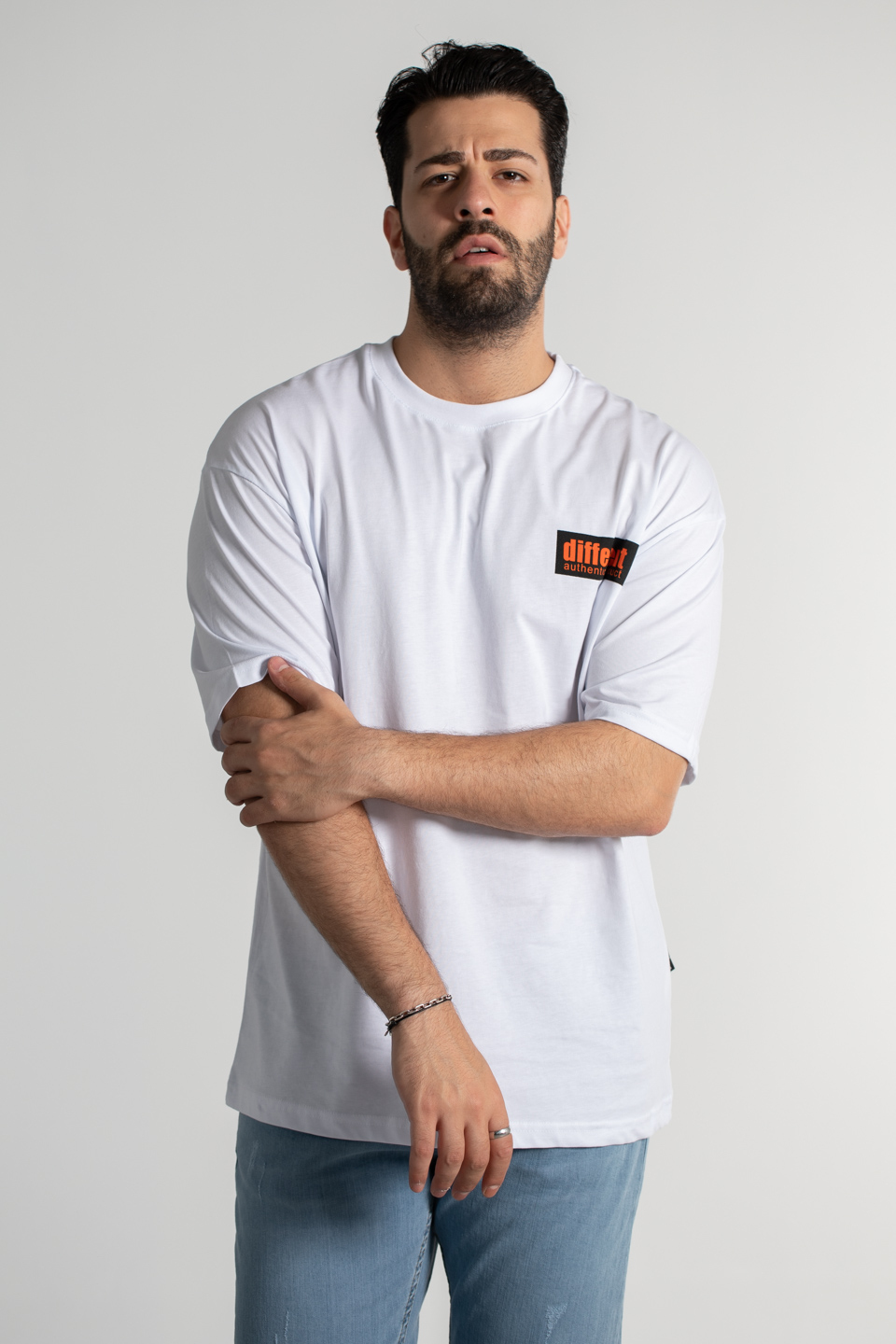 Arkası smile baskılı oversize t-shirt-4465 Beyaz