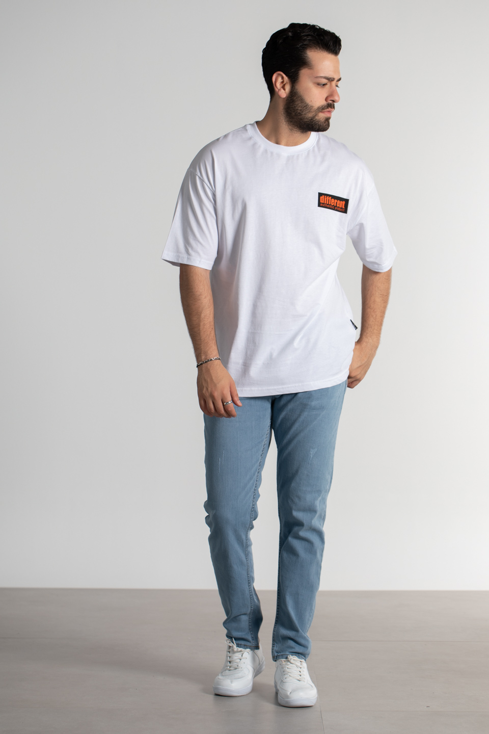 Arkası smile baskılı oversize t-shirt-4465 Beyaz