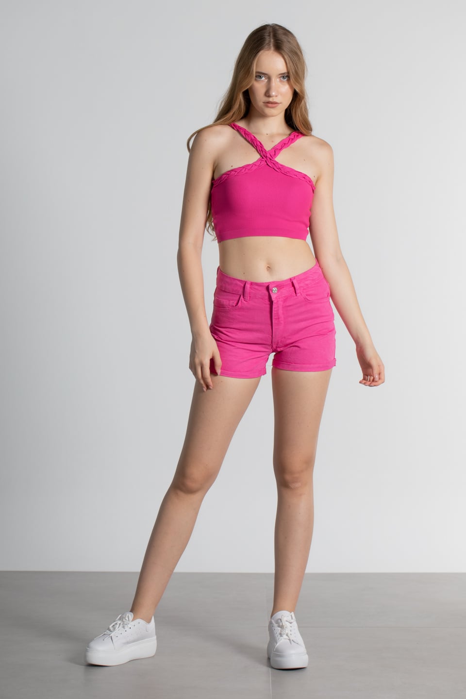 Askıları çapraz örgülü body-8452 Fuşya