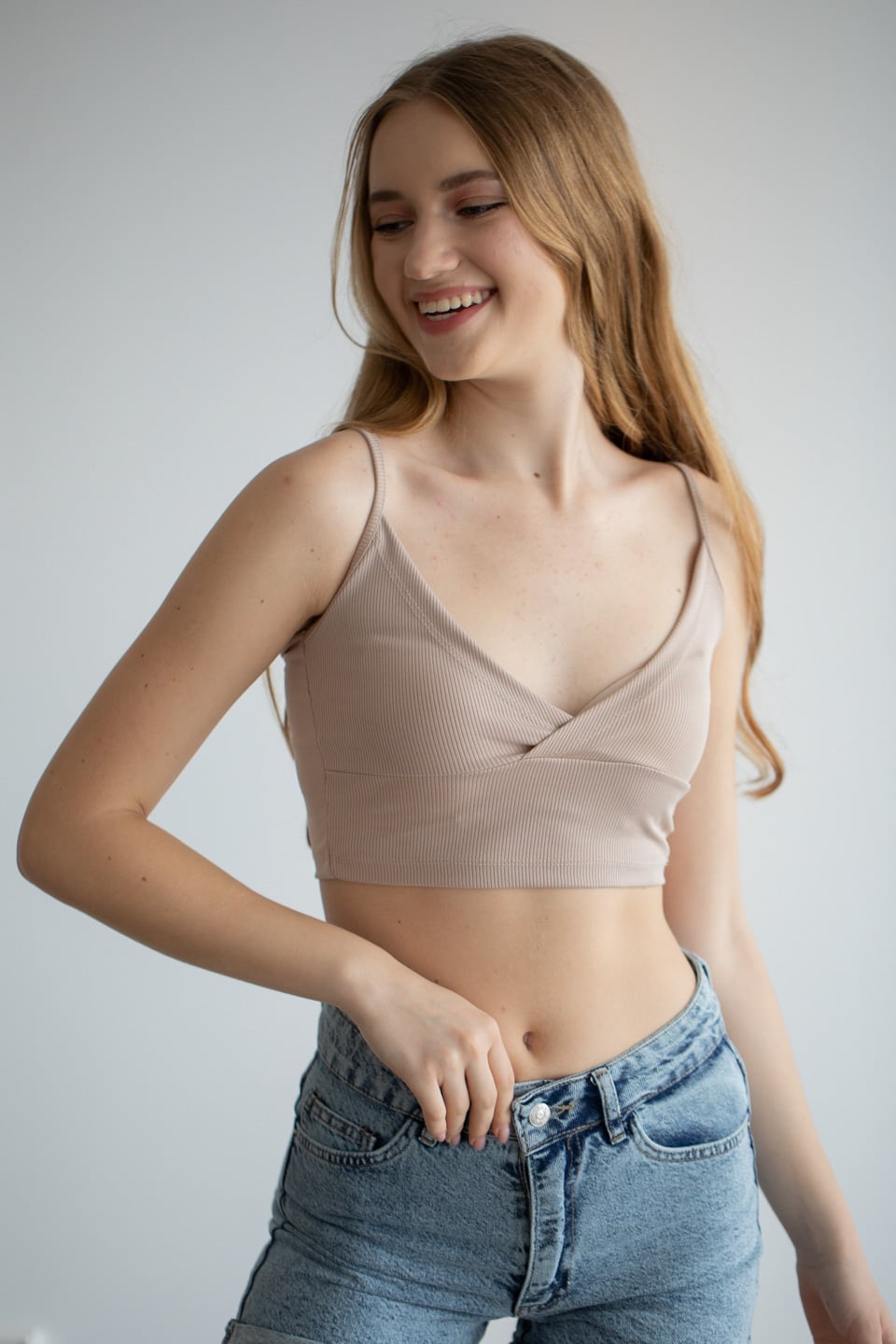 Askılı kruvaze yaka crop-6390 Bej
