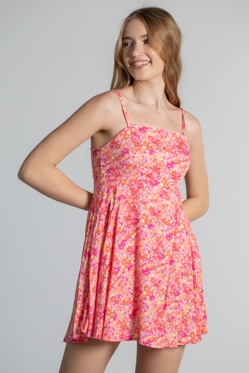 Askılı şortlu elbise-21279 Oranj/Pembe