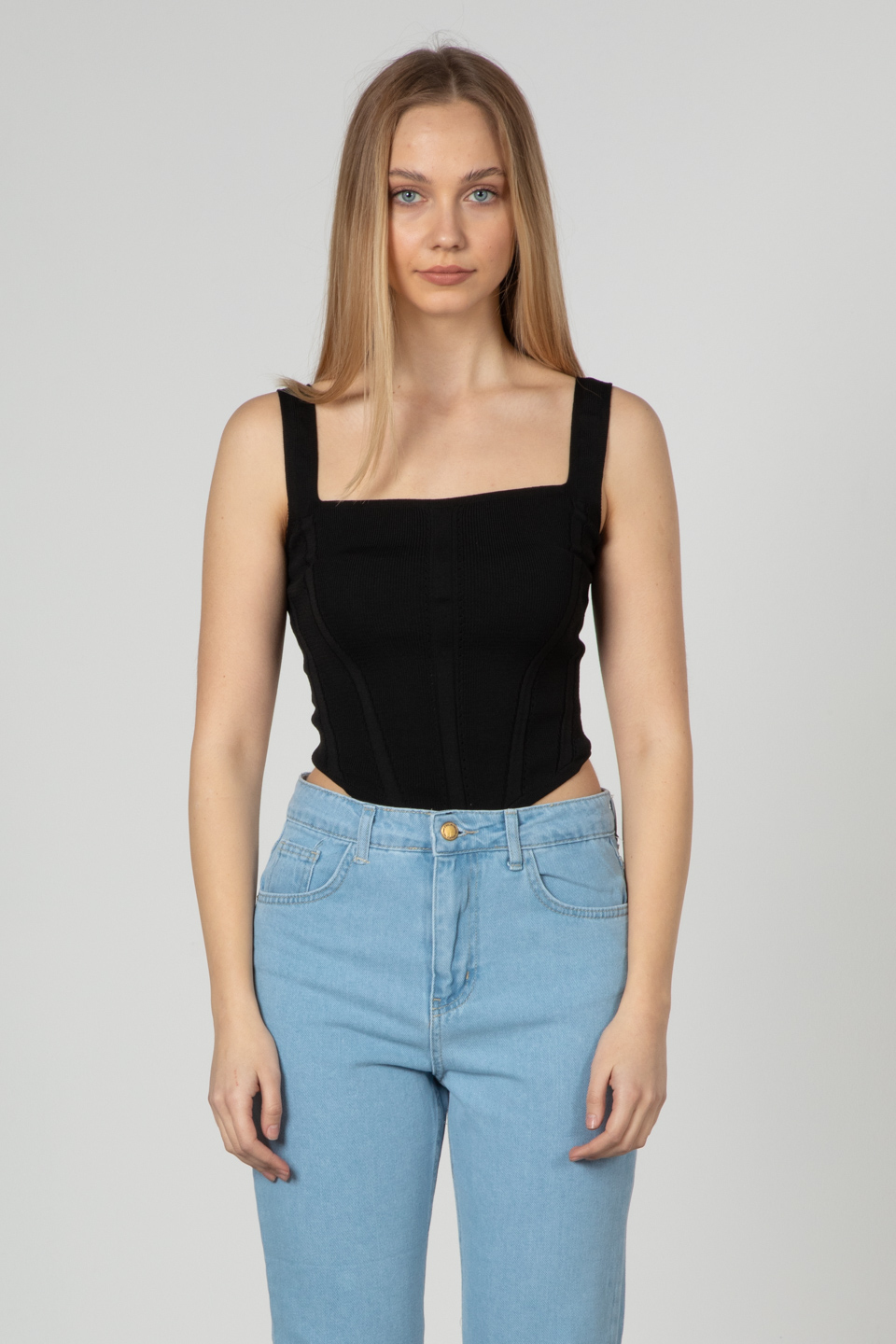 Askılı triko crop-3063 Siyah