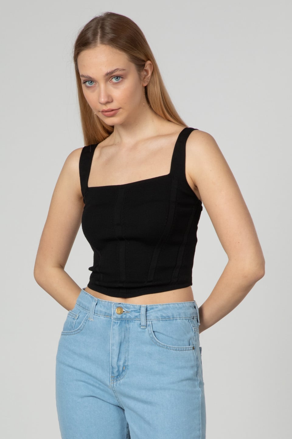 Askılı triko crop-3063 Siyah