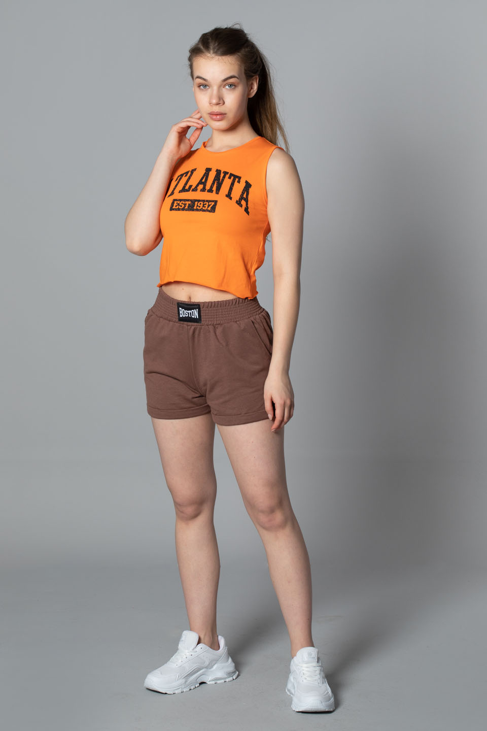 Atlanta baskılı crop t-shirt-4004 Oranj