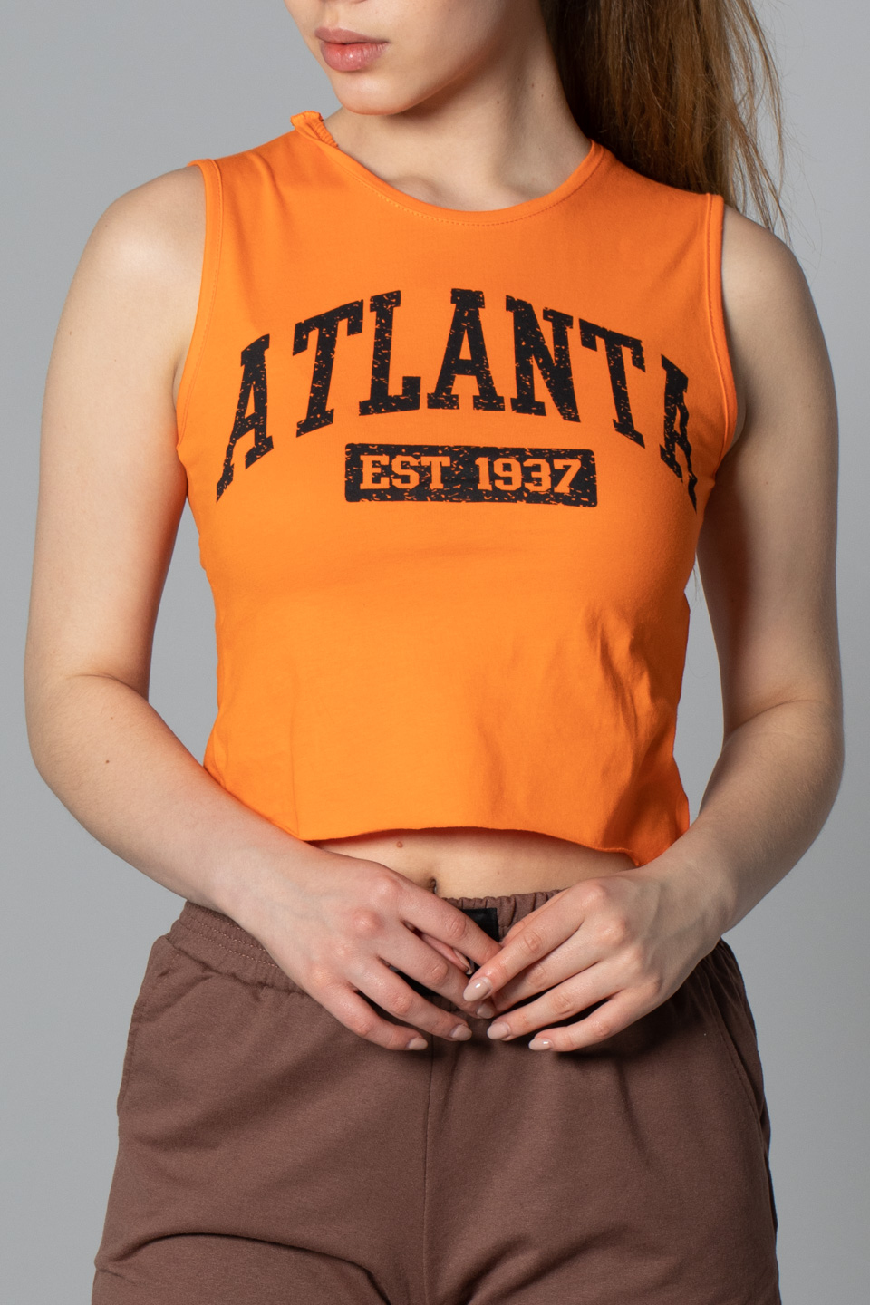 Atlanta baskılı crop t-shirt-4004 Oranj