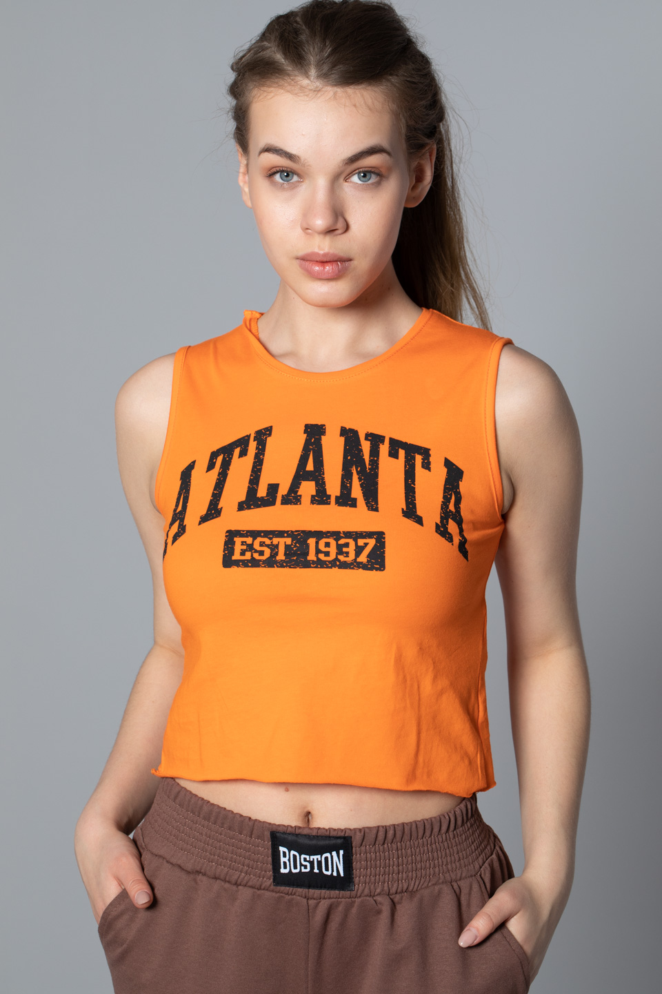 Atlanta baskılı crop t-shirt-4004 Oranj