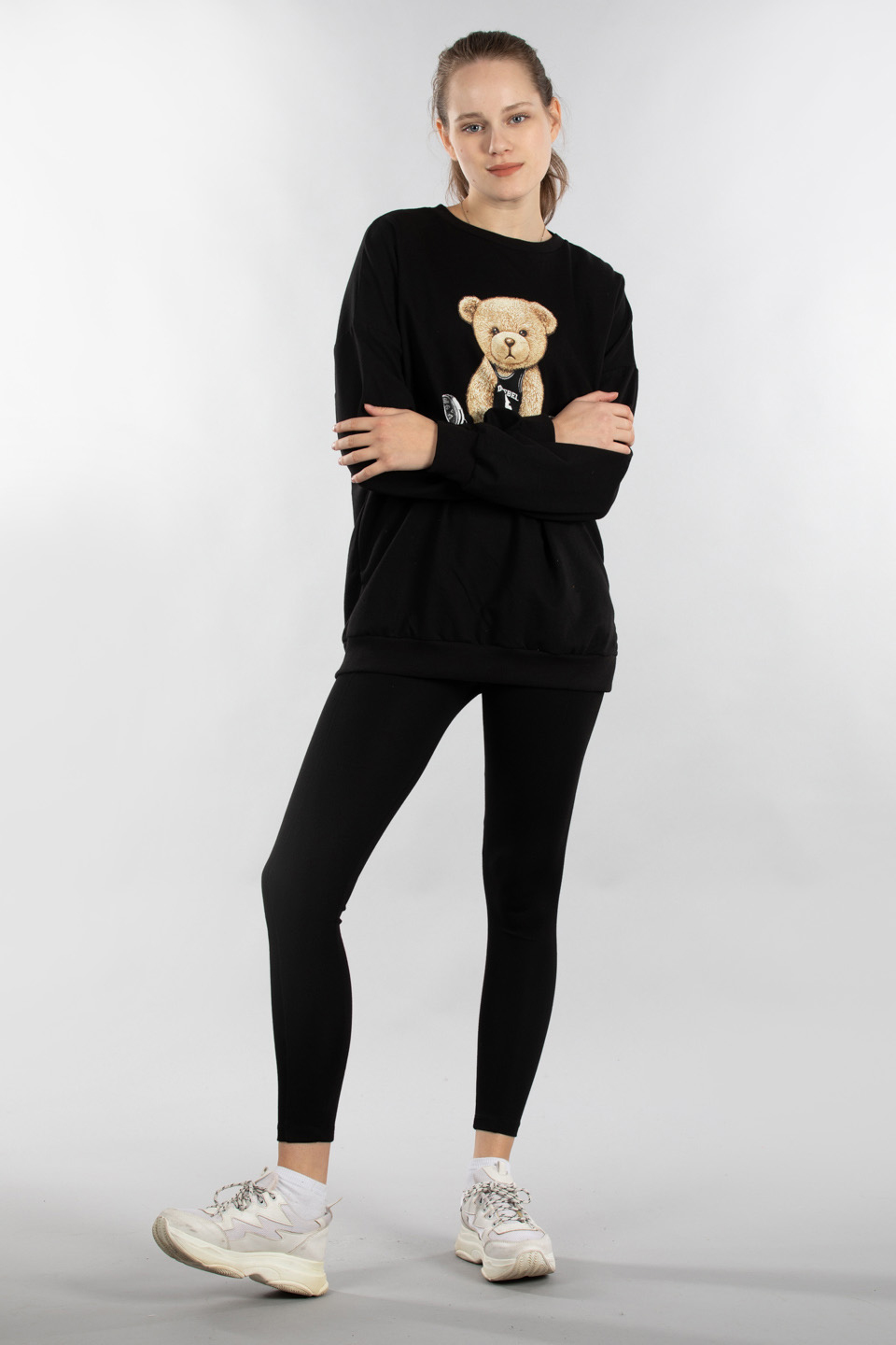 Ayı baskılı bisiklet yaka sweatshirt-9722 Siyah