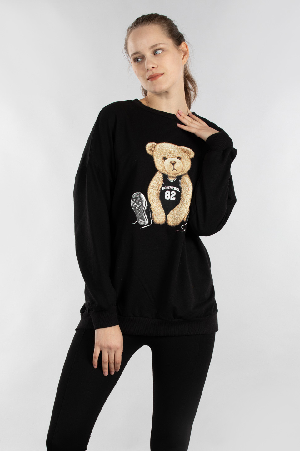Ayı baskılı bisiklet yaka sweatshirt-9722 Siyah