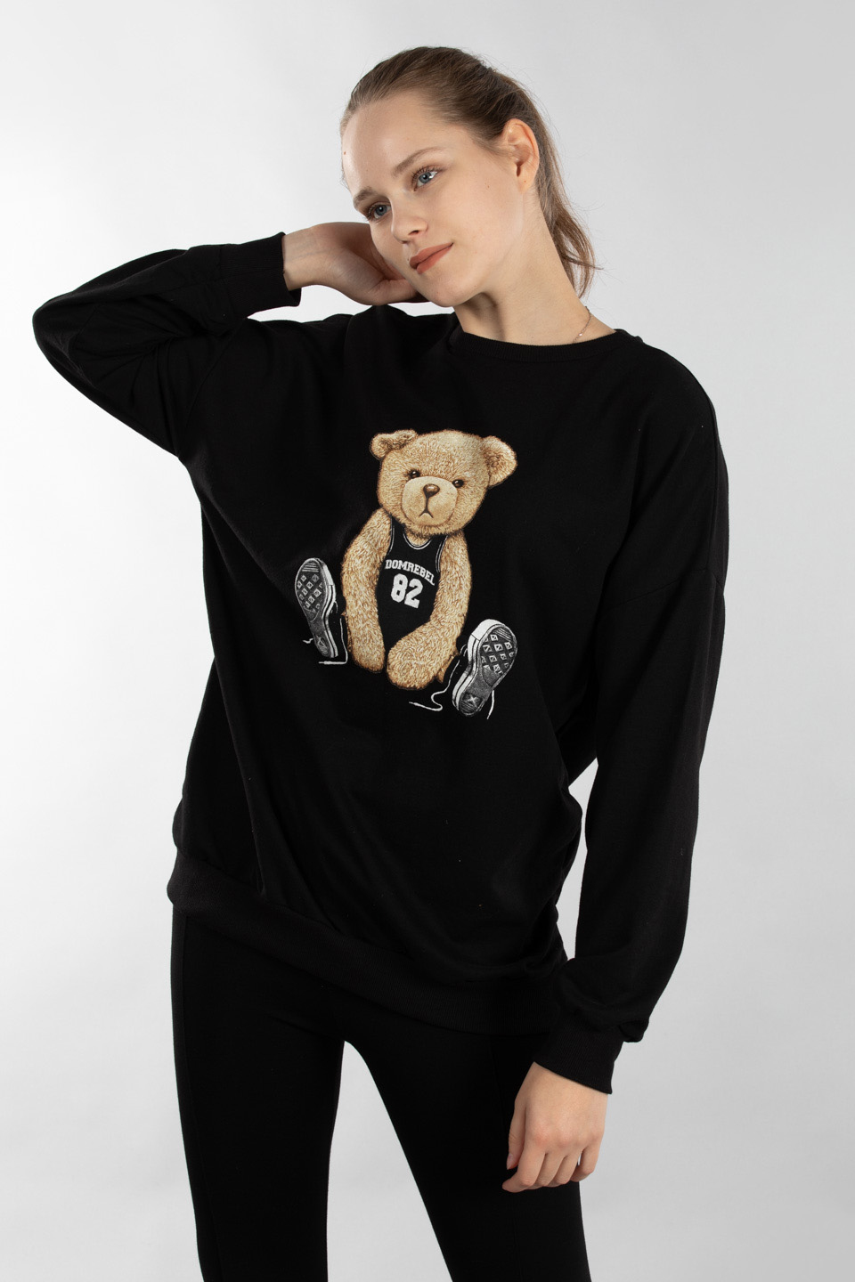 Ayı baskılı bisiklet yaka sweatshirt-9722 Siyah
