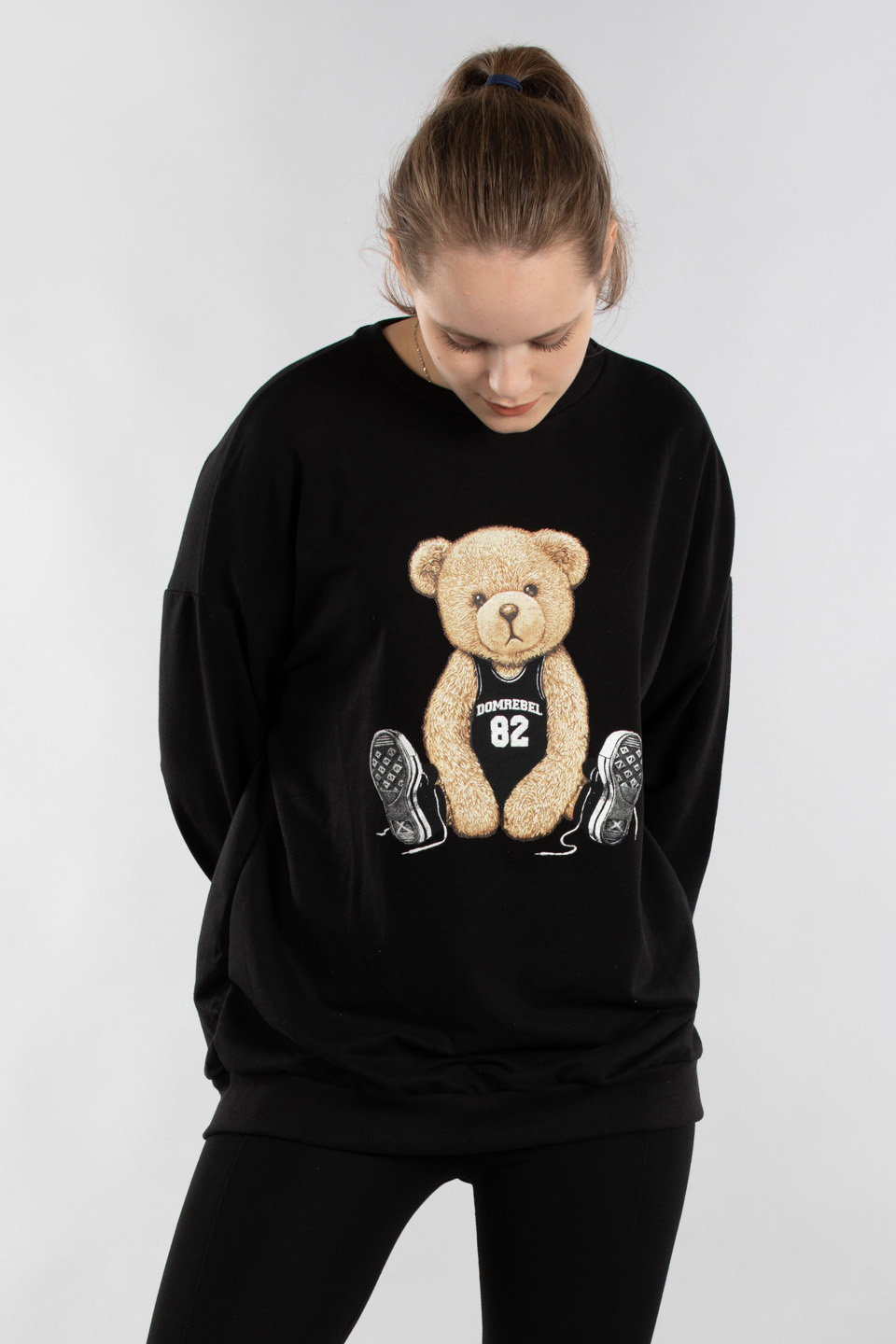 Ayı baskılı bisiklet yaka sweatshirt-9722 Siyah