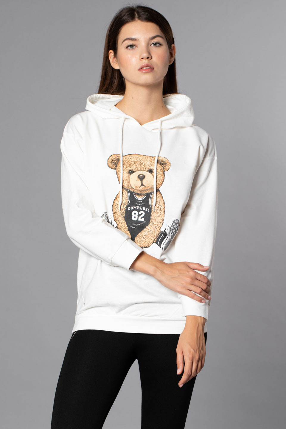 Ayı Baskılı Kapüşonlu Sweatshirt-Beyaz