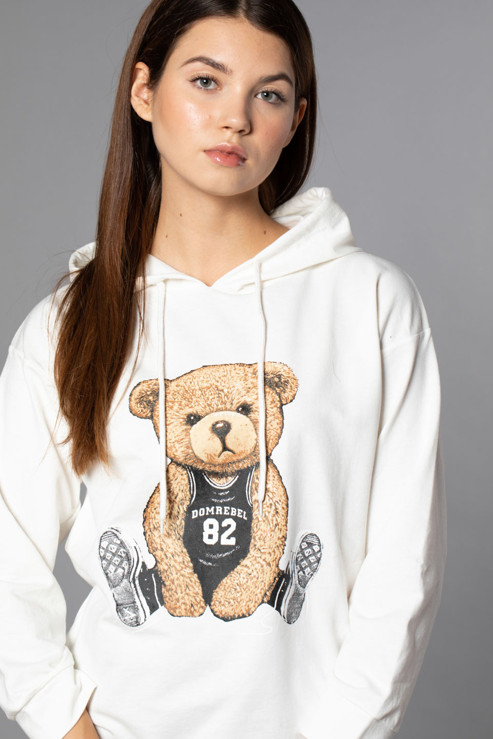 Ayı Baskılı Kapüşonlu Sweatshirt-Beyaz