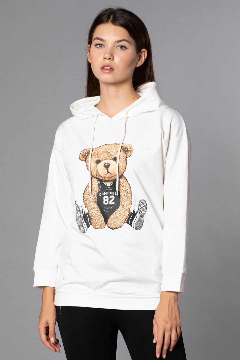 Ayı Baskılı Kapüşonlu Sweatshirt-Beyaz