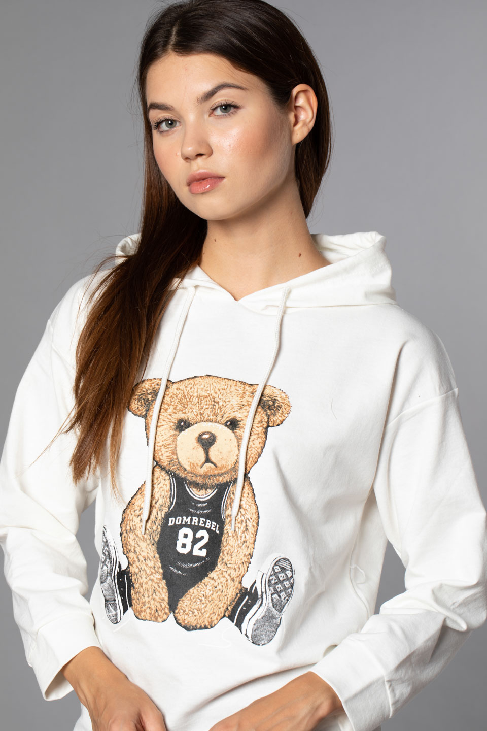 Ayı Baskılı Kapüşonlu Sweatshirt-Beyaz