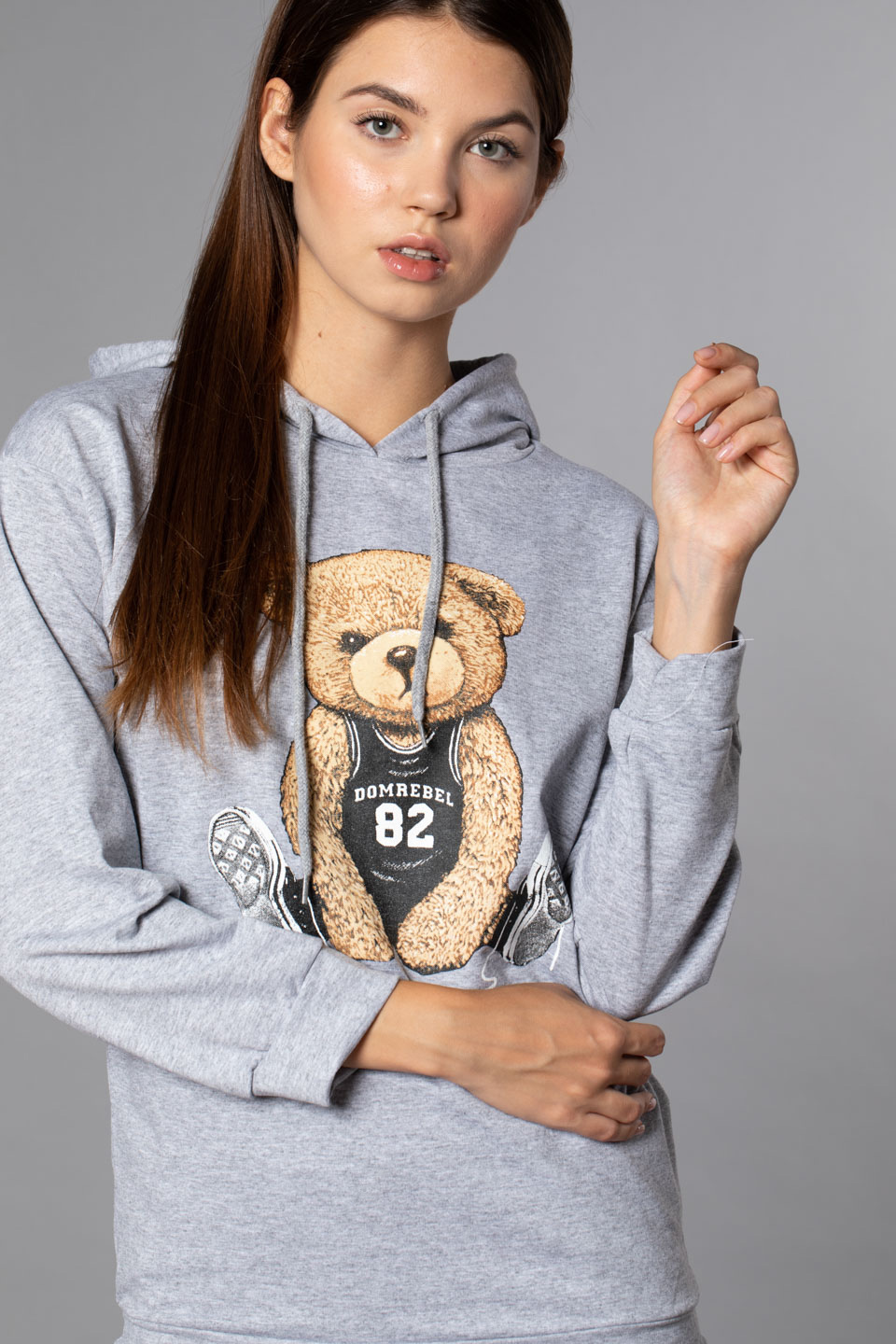 Ayı Baskılı Kapüşonlu Sweatshirt-Gri Melanj