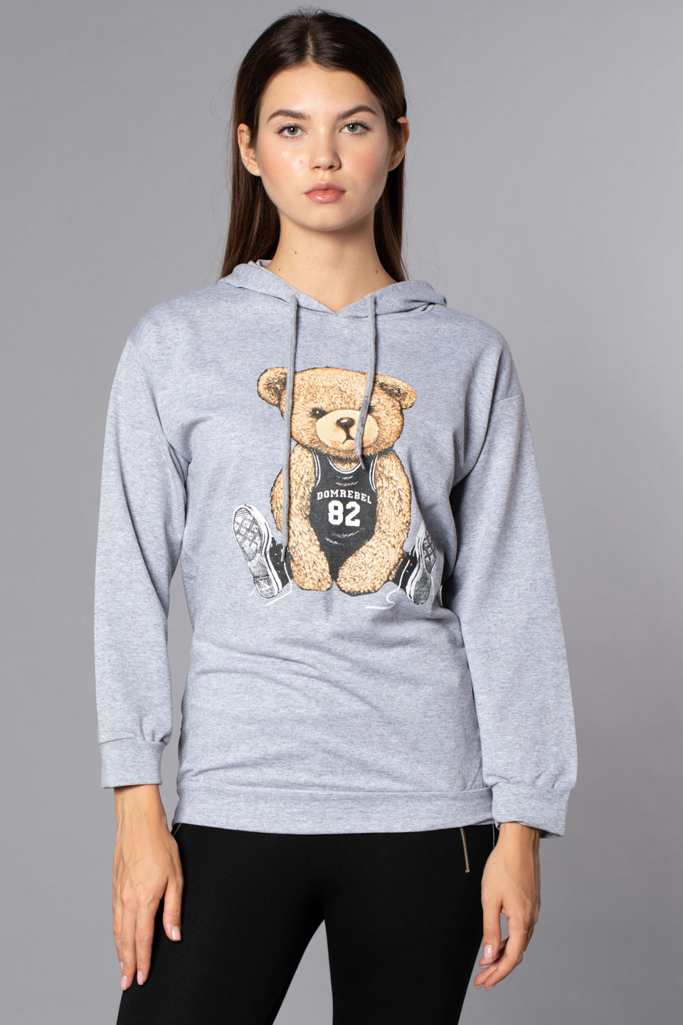 Ayı Baskılı Kapüşonlu Sweatshirt-Gri Melanj