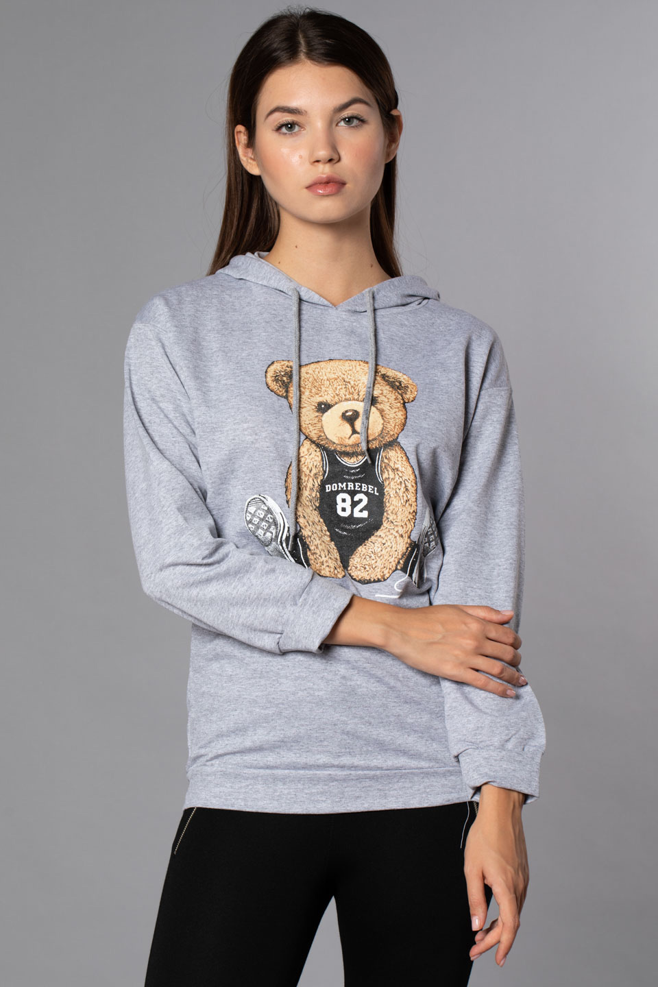 Ayı Baskılı Kapüşonlu Sweatshirt-Gri Melanj