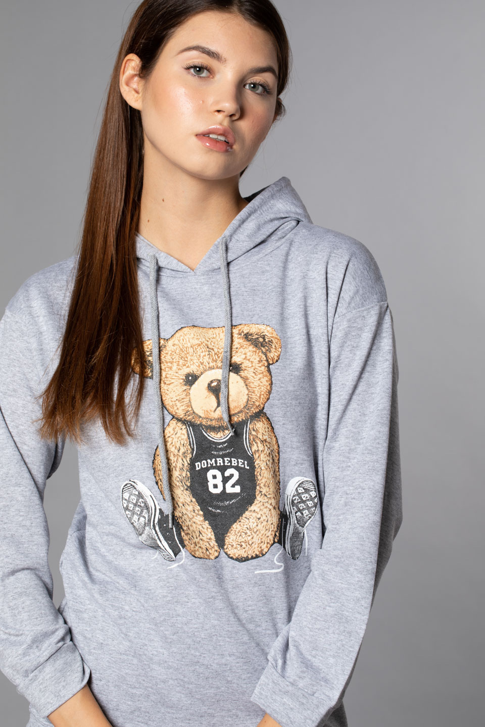 Ayı Baskılı Kapüşonlu Sweatshirt-Gri Melanj