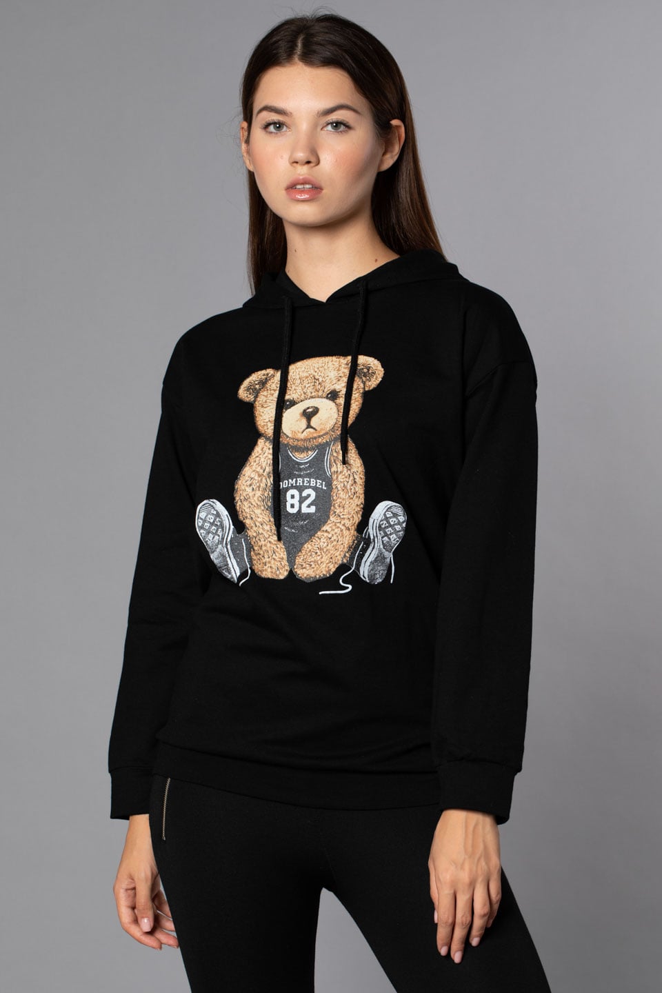 Ayı Baskılı Kapüşonlu Sweatshirt-Siyah