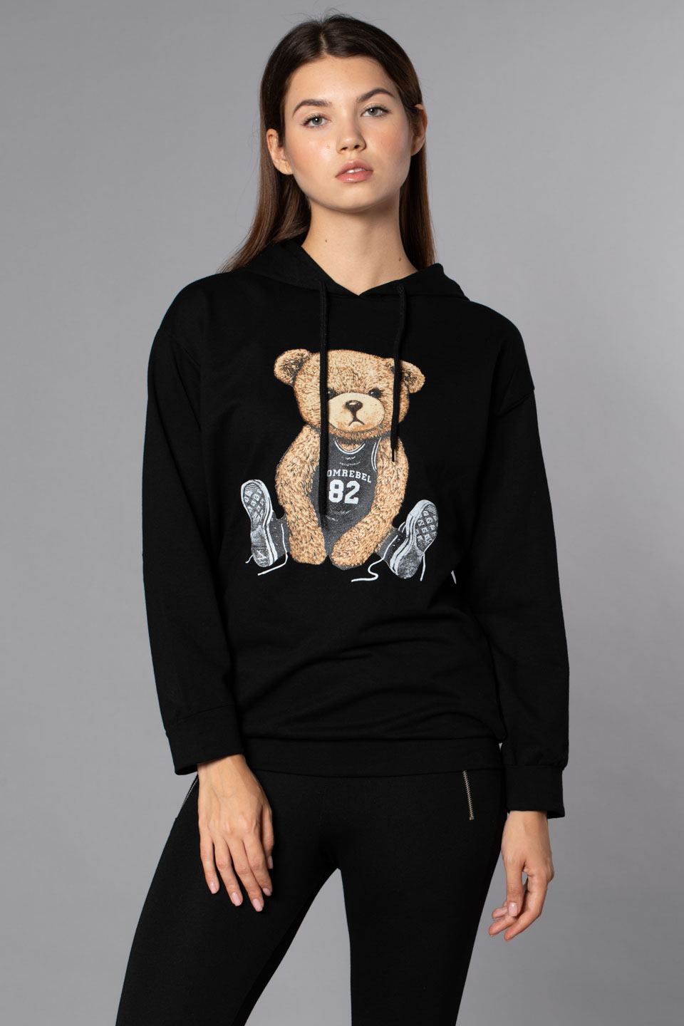 Ayı Baskılı Kapüşonlu Sweatshirt-Siyah