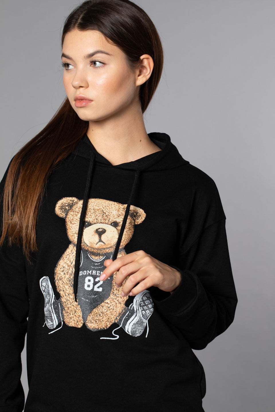 Ayı Baskılı Kapüşonlu Sweatshirt-Siyah
