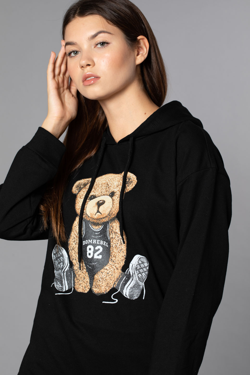 Ayı Baskılı Kapüşonlu Sweatshirt-Siyah