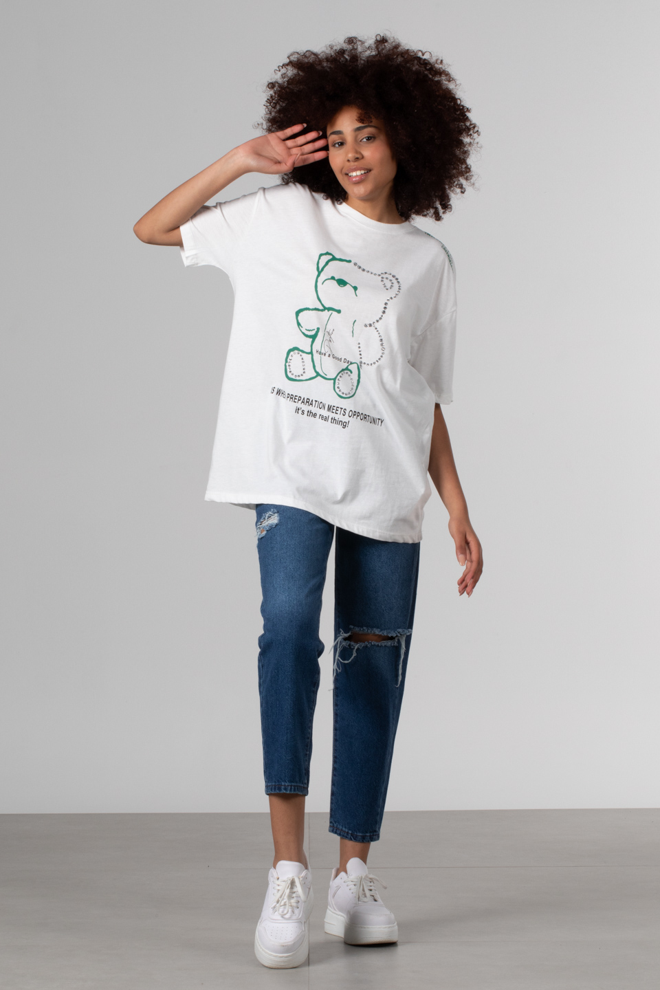Ayı baskılı t-shirt-DVN0349 Beyaz