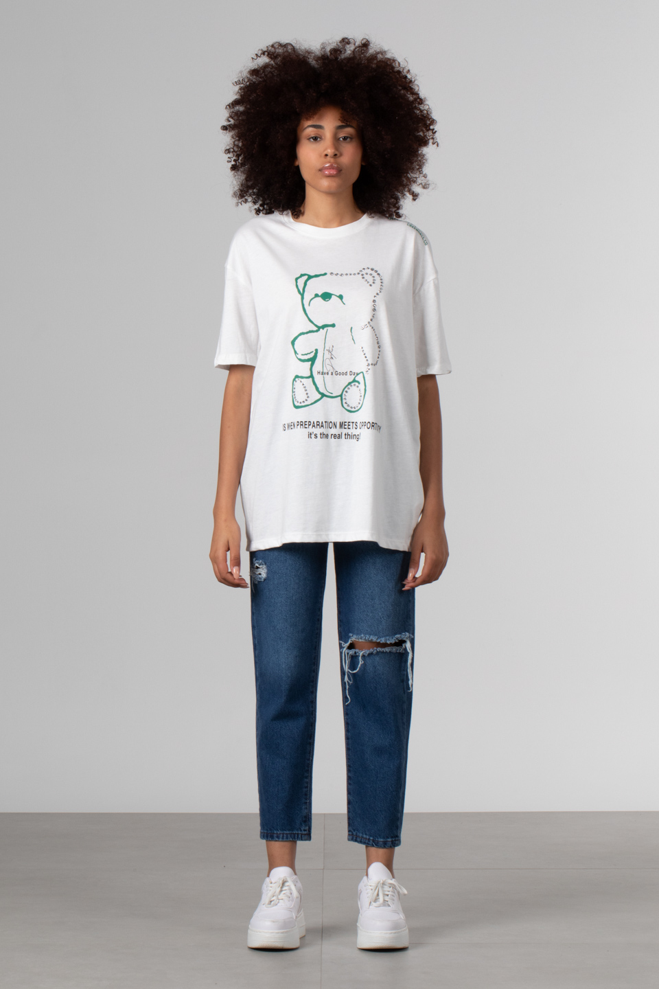Ayı baskılı t-shirt-DVN0349 Beyaz
