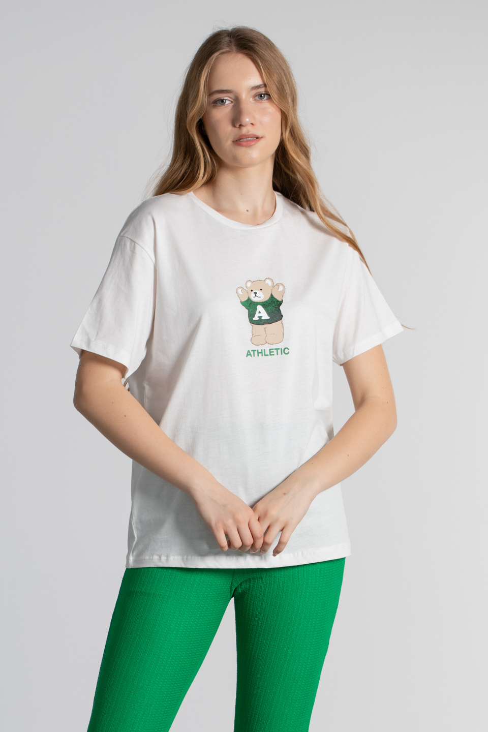 Ayıcık baskılı t-shirt-119 Ekru
