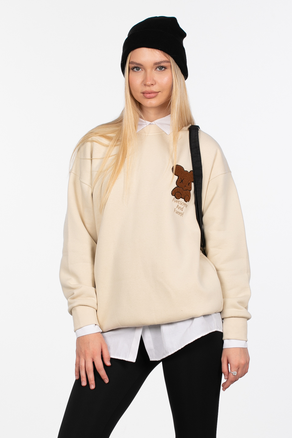Ayıcık detaylı sweatshirt-4153 Bej