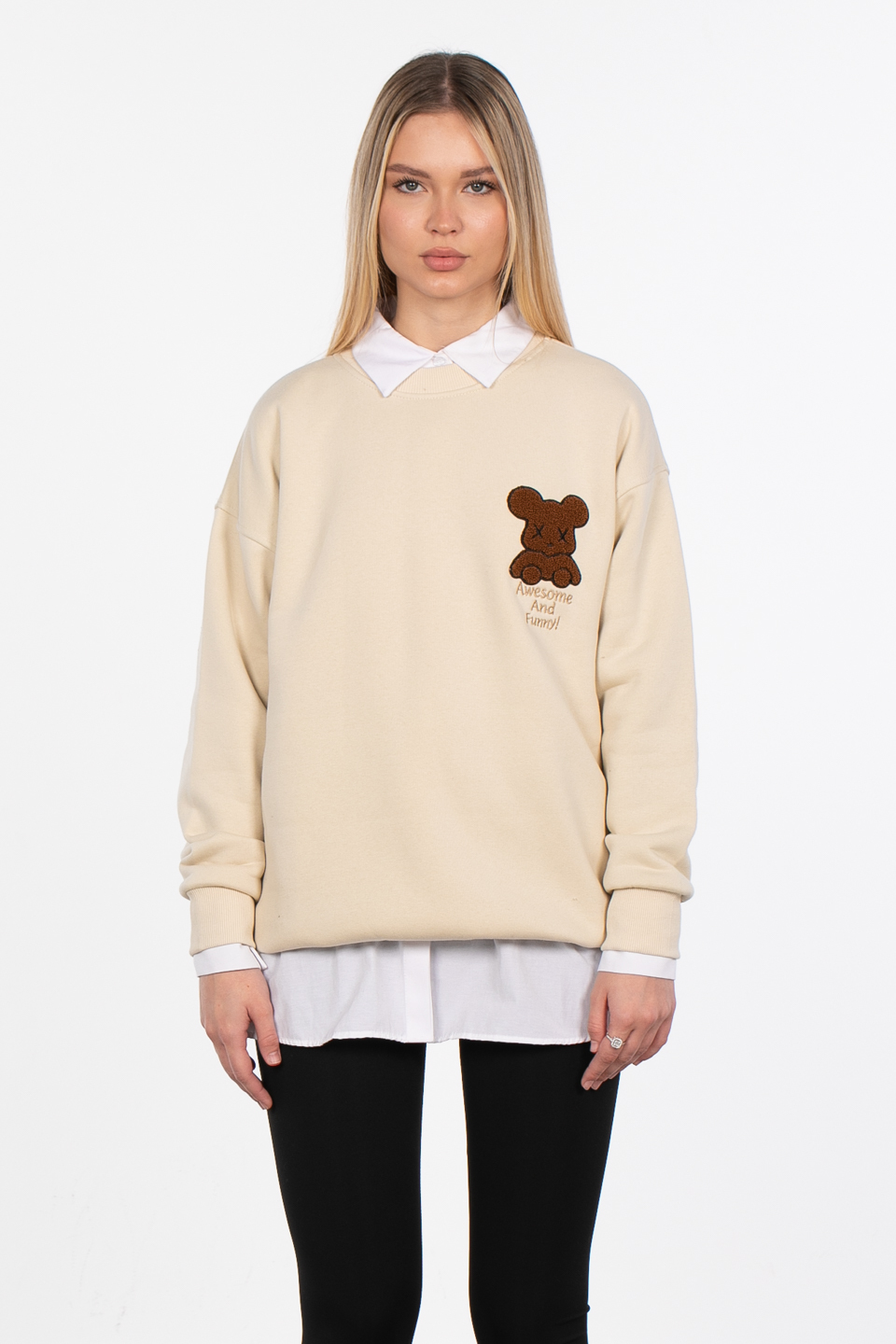 Ayıcık detaylı sweatshirt-4153 Bej
