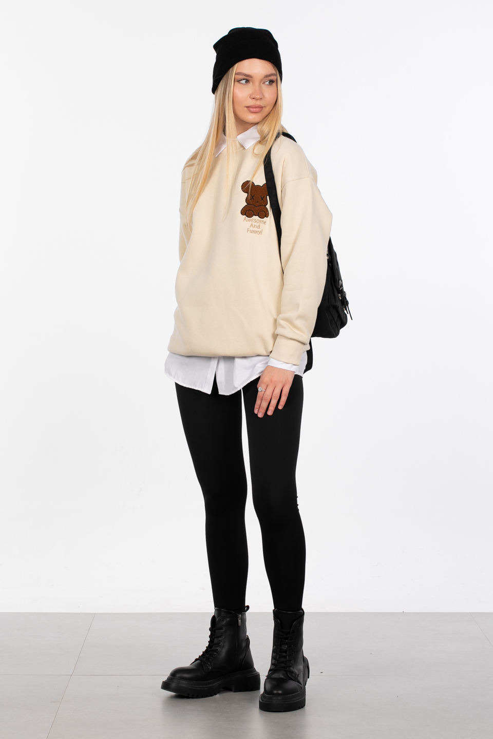 Ayıcık detaylı sweatshirt-4153 Bej