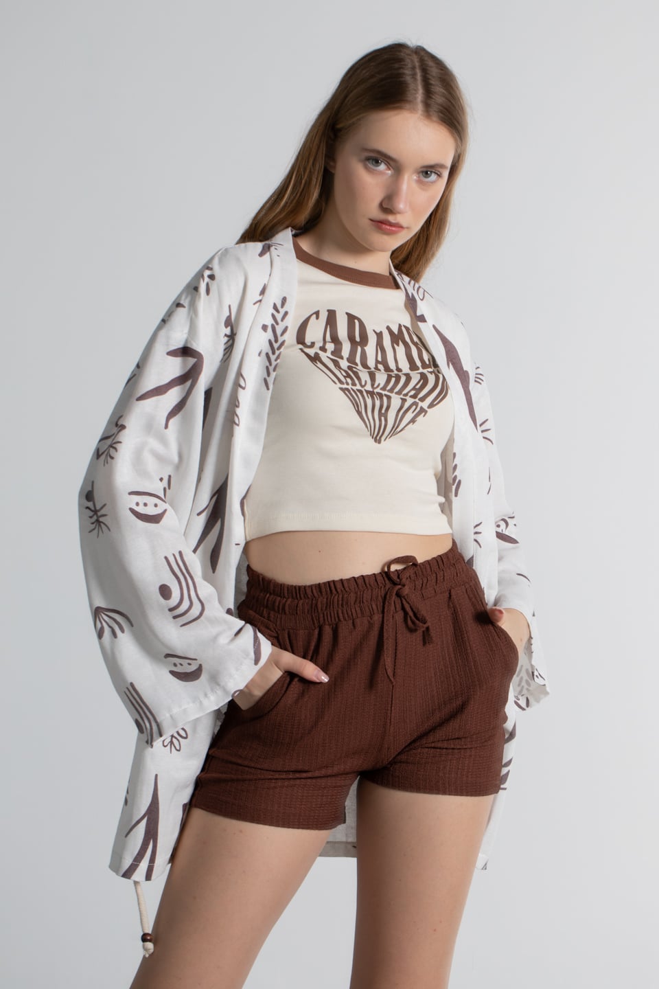 Bağlamalı desenli kimono-159 Kahve