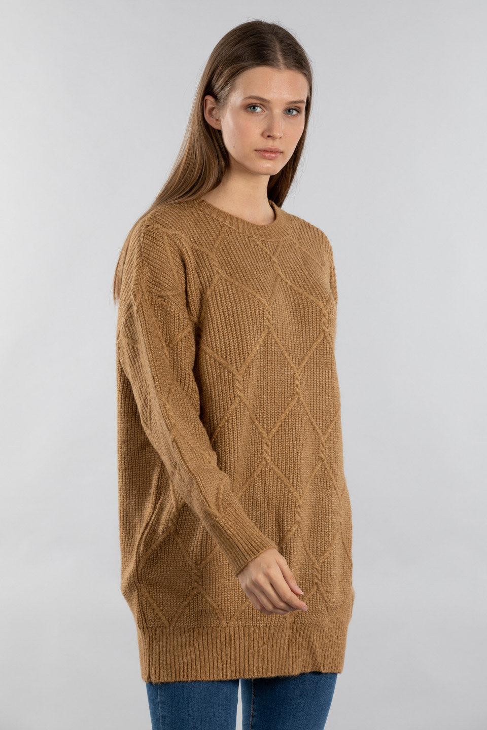 Baklava desen triko kazak-7019 Camel