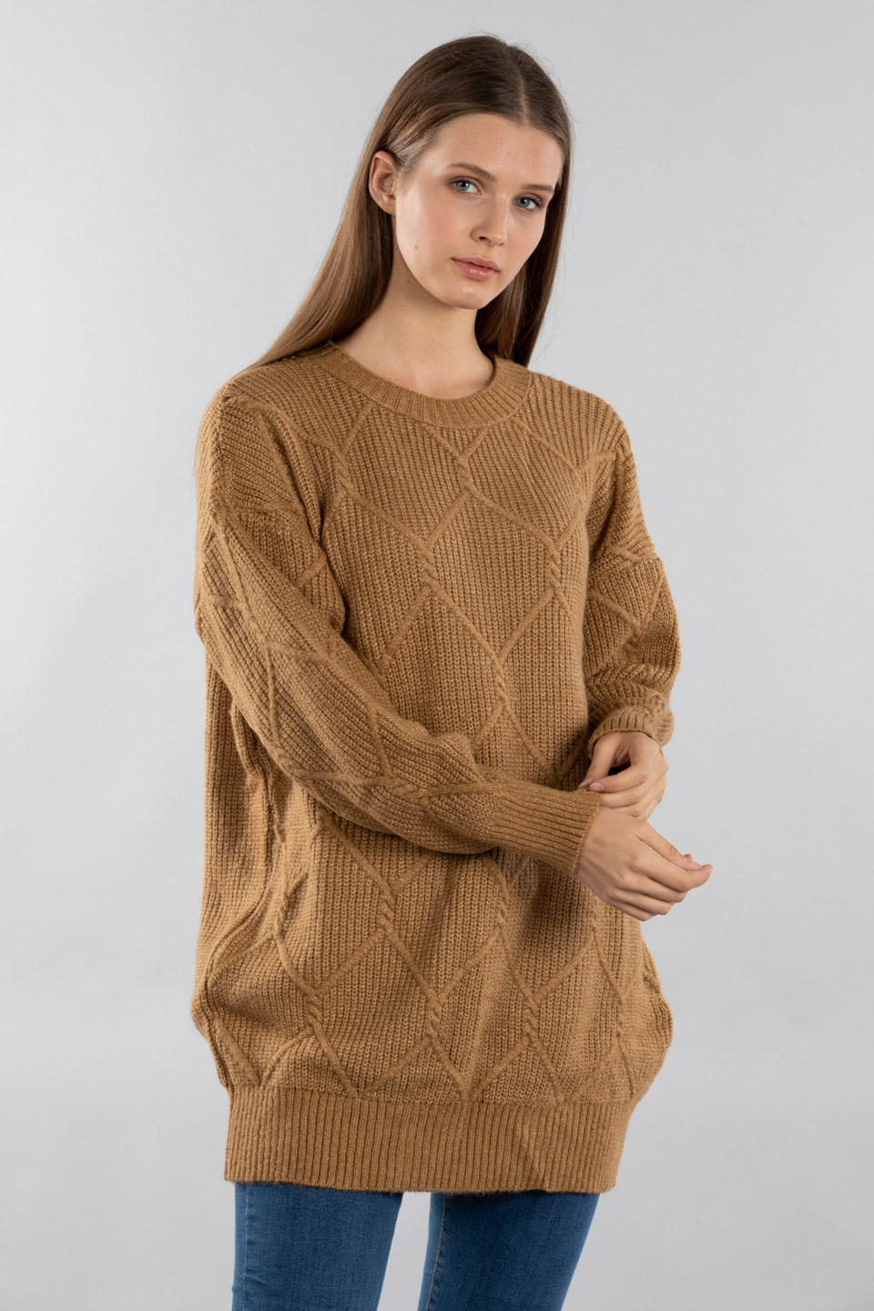 Baklava desen triko kazak-7019 Camel