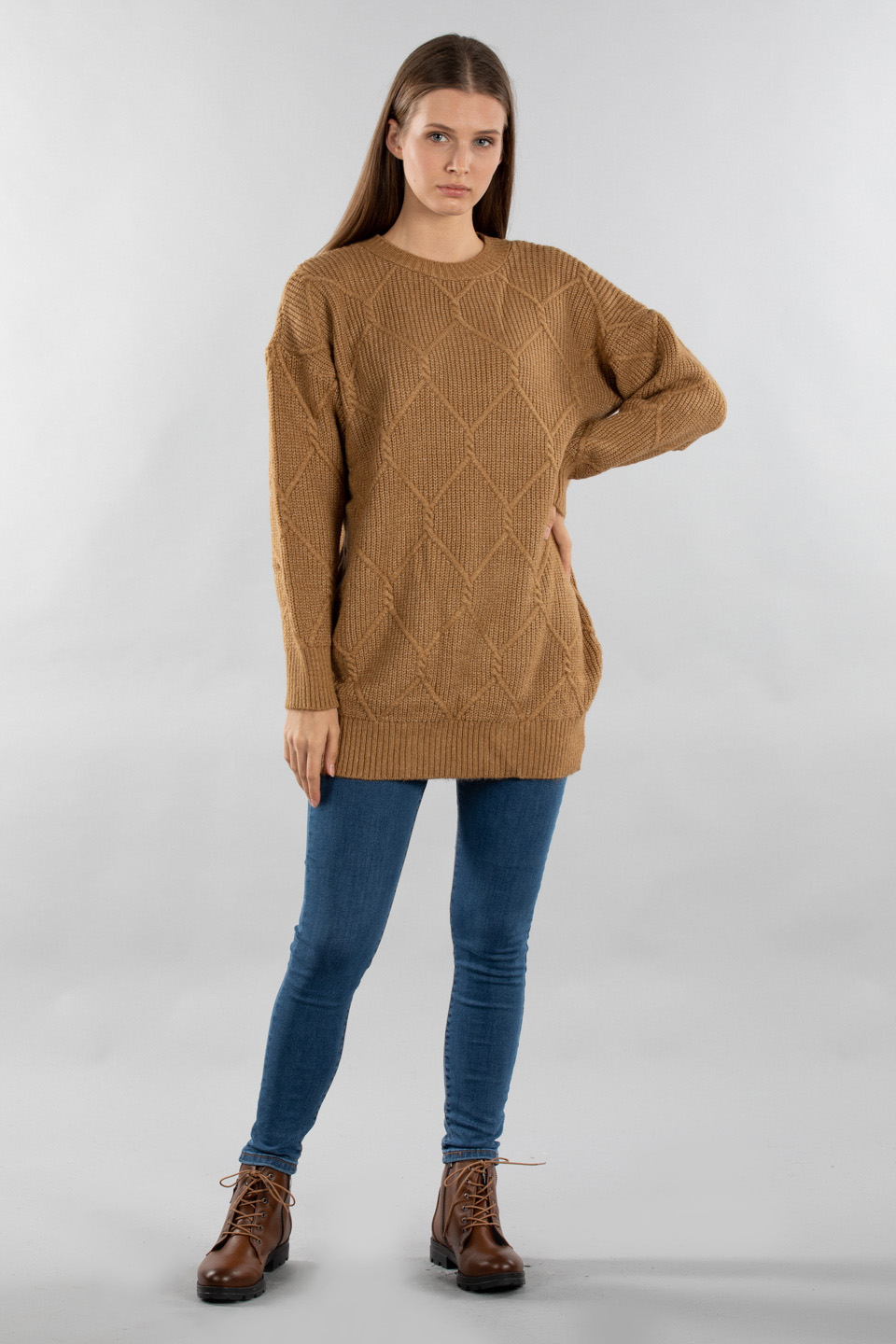 Baklava desen triko kazak-7019 Camel